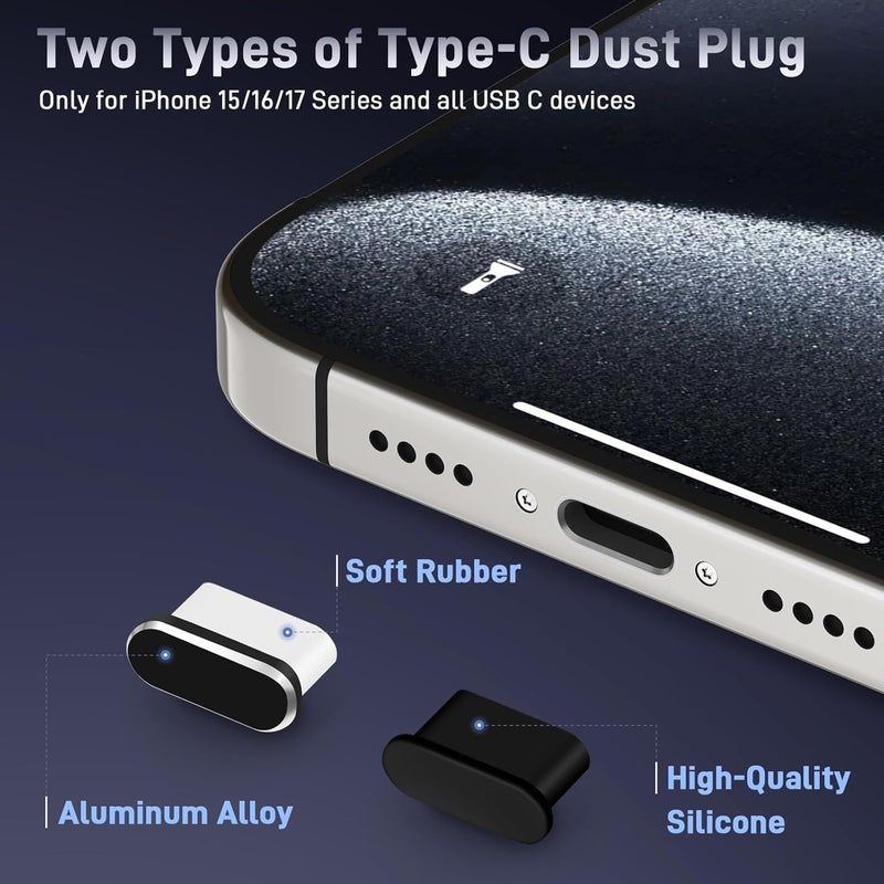 SUMANTECK غطاء غبار USB C، غطاء منفذ USB C، غطاء منفذ الشحن من نوع C مع غطاء غبار السماعة، ملحقات الهاتف لـ iPhone 17/iPhone 16/16 Plus/16 Pro/16 Pro Max/iPhone 15 Series - Image 4